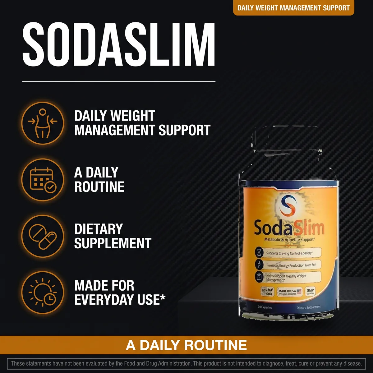 SodaSlim marketing sheet: daily weight management support, a daily routine, dietary supplement, made for everyday use
