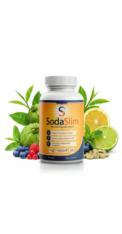 A single SodaSlim bottle standing among the fruits and leaves of its five named botanicals